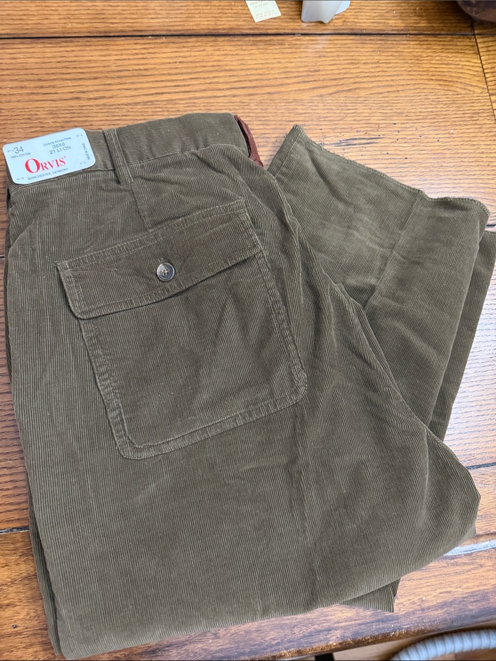 Orvis Men’s Olive Green Corduroy Pants with Button-Flap Pocket